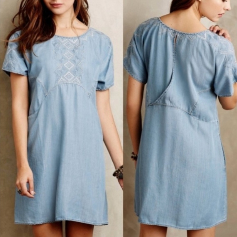 Anthro Holding Horses Chambray Embroidered Dress